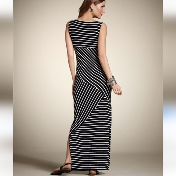 Chico's Travelers Simone Black & White Stripe Sleeveless Side Slit Maxi Dress - Picture 2 of 16